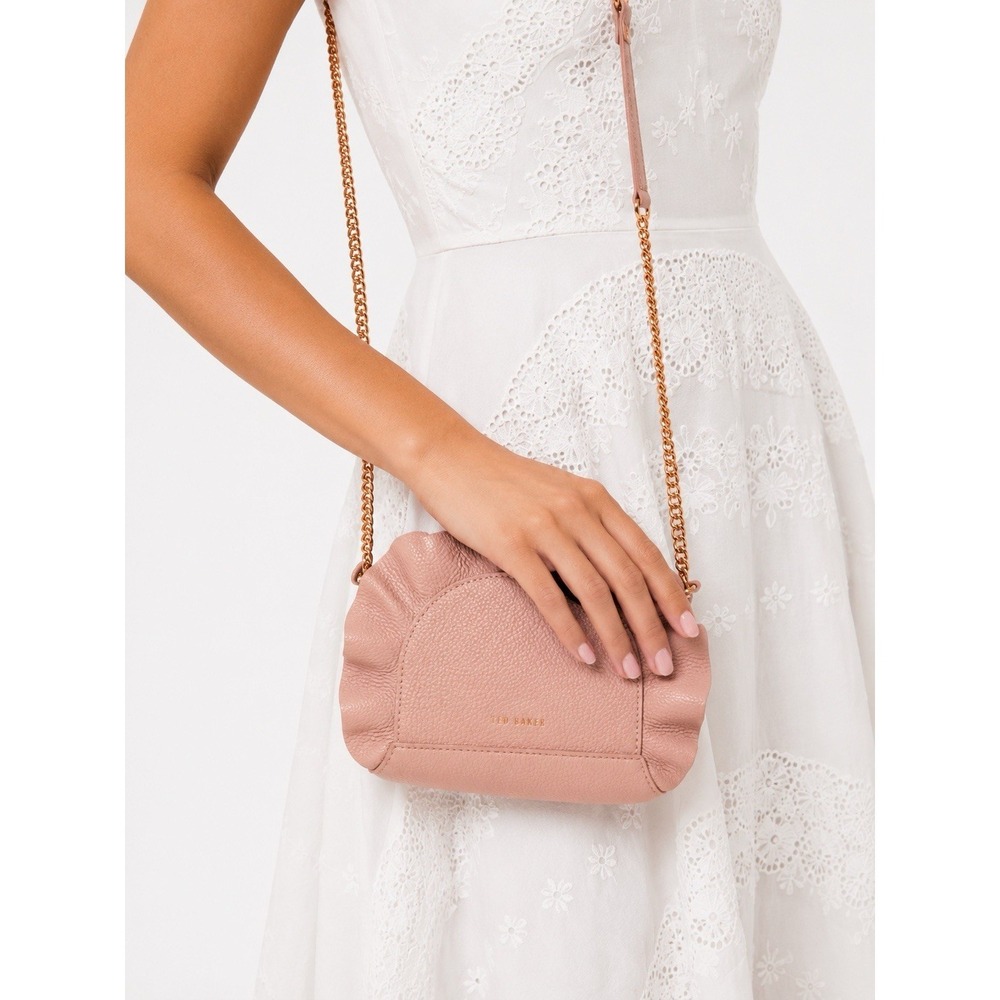 Ted Baker Blush Pink Ruffle Crossbody Bag Rose‎ Gold Chain Leather Purse EUC